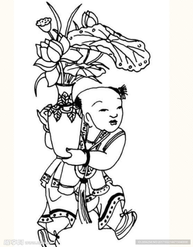 抱荷花花瓶的中国古代童子