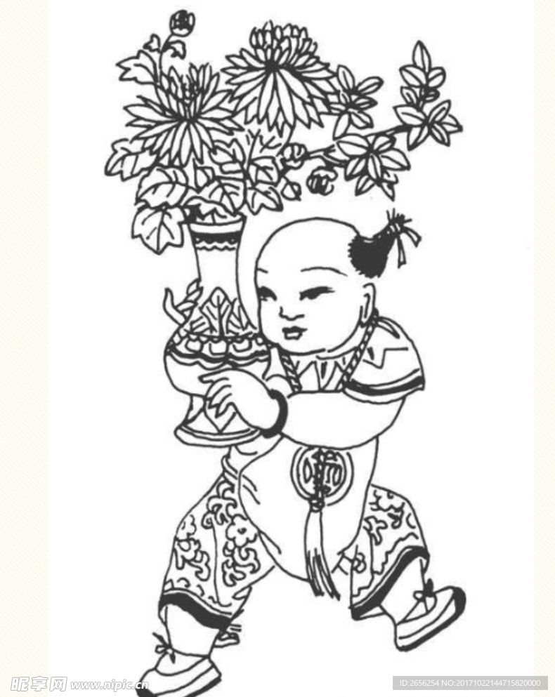 抱菊花花瓶的中国古代童子