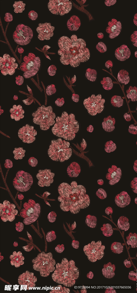 植物花朵花卉刺绣四方连续底纹
