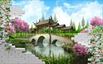 立体墙花卉公园湖小桥古建筑亭子