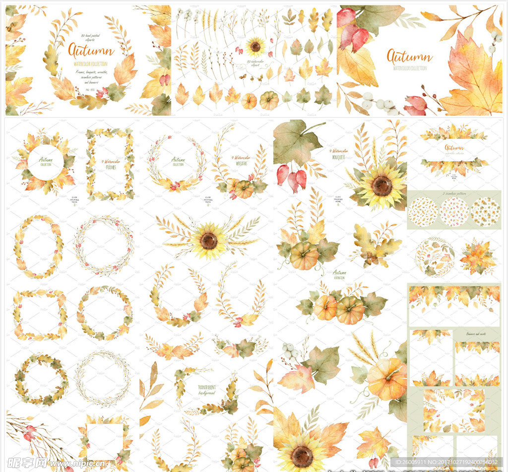 手绘秋季黄叶植物树叶花环水彩画