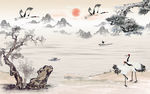 水墨中国风仙鹤背景墙