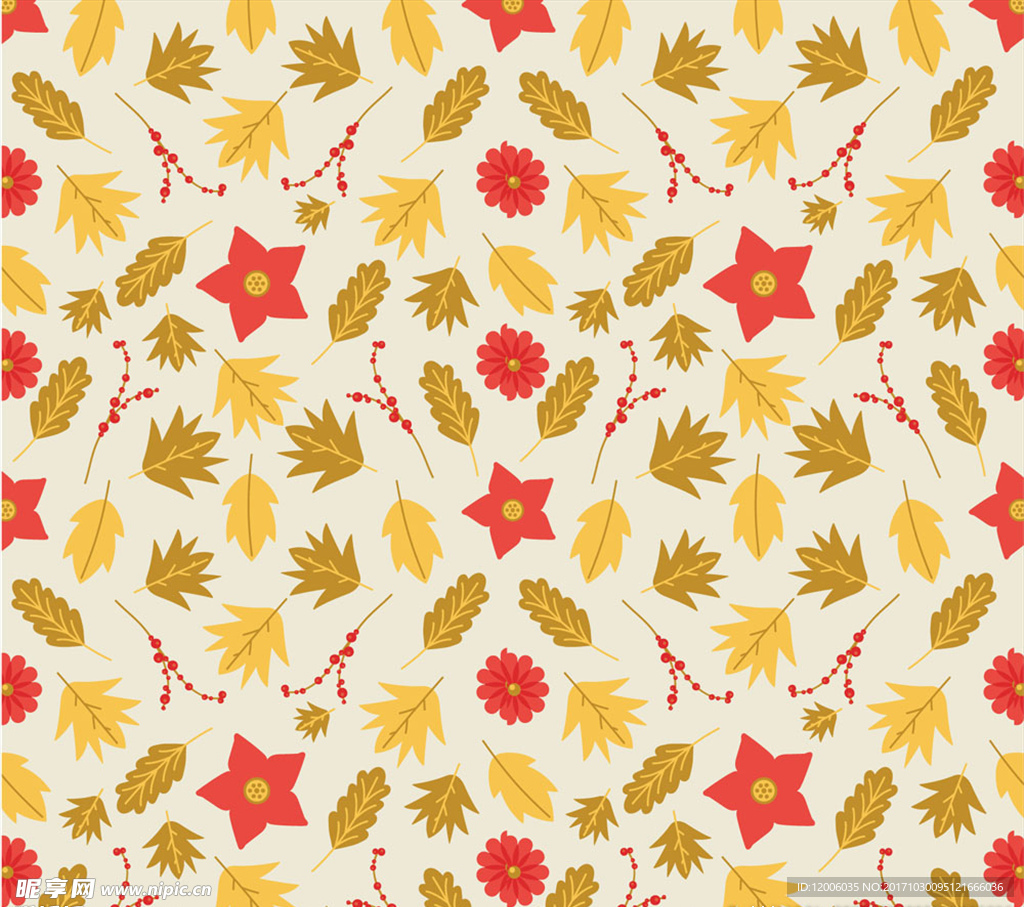 秋季落叶和花朵无缝背景矢量图