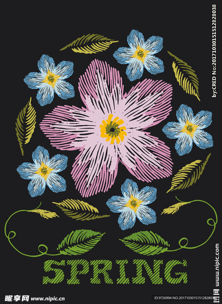 花朵花卉刺绣矢量图下载