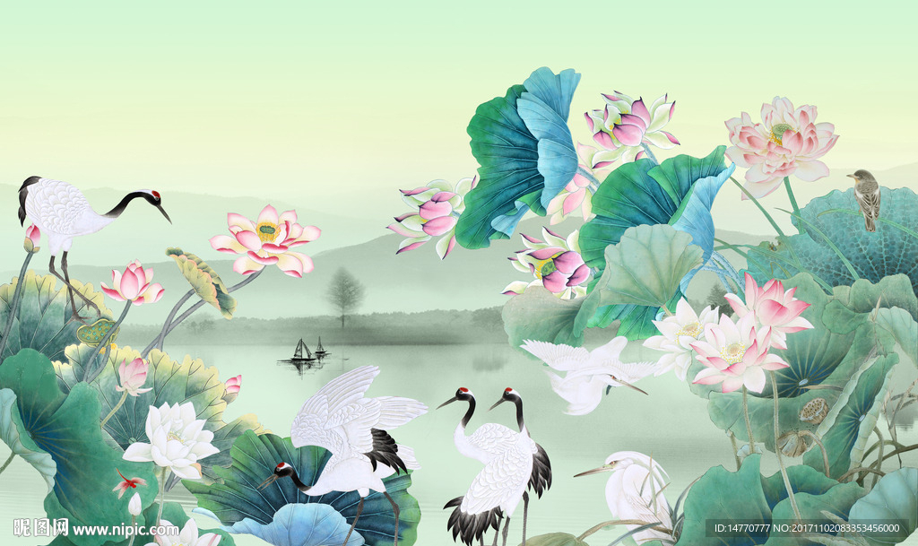 荷花仙鹤图