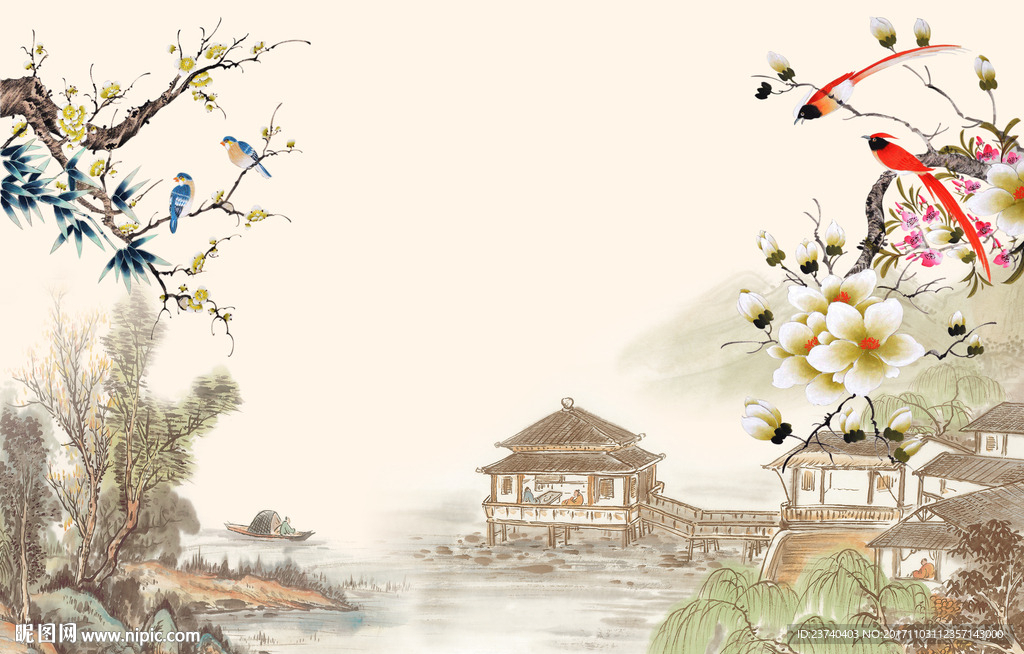 国画花鸟背景墙