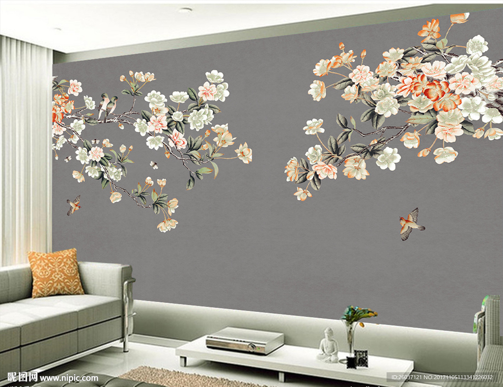 复古欧式手绘花卉背景墙壁画