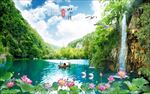 山水情瀑布荷花仙鹤图