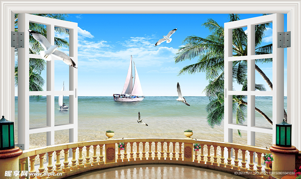 3D窗外阳台大海风景电视背景墙