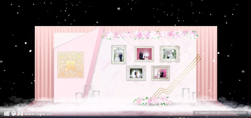 大理石风格粉色婚礼照片墙效果图