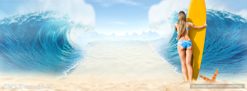 夏日海边冲浪海浪景色蓝色