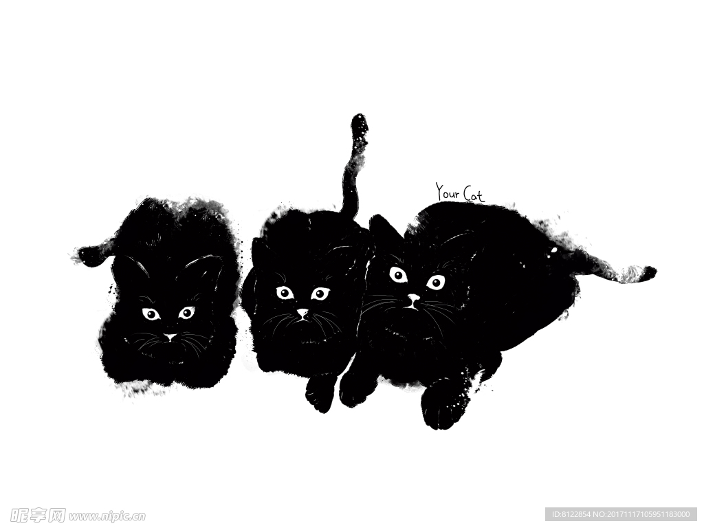 原创手绘黑色猫咪装饰画素材