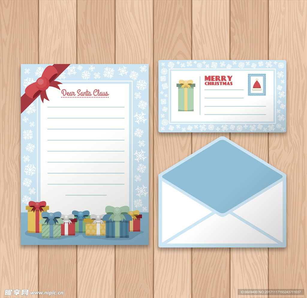 圣诞节礼物信封信纸设计模板