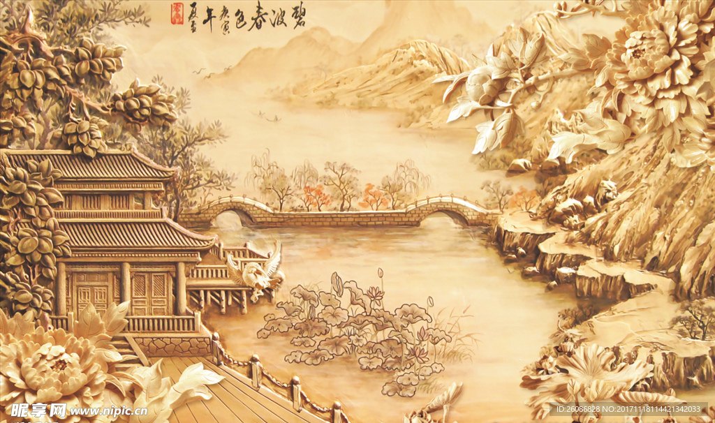 木雕江南水乡背景电视墙