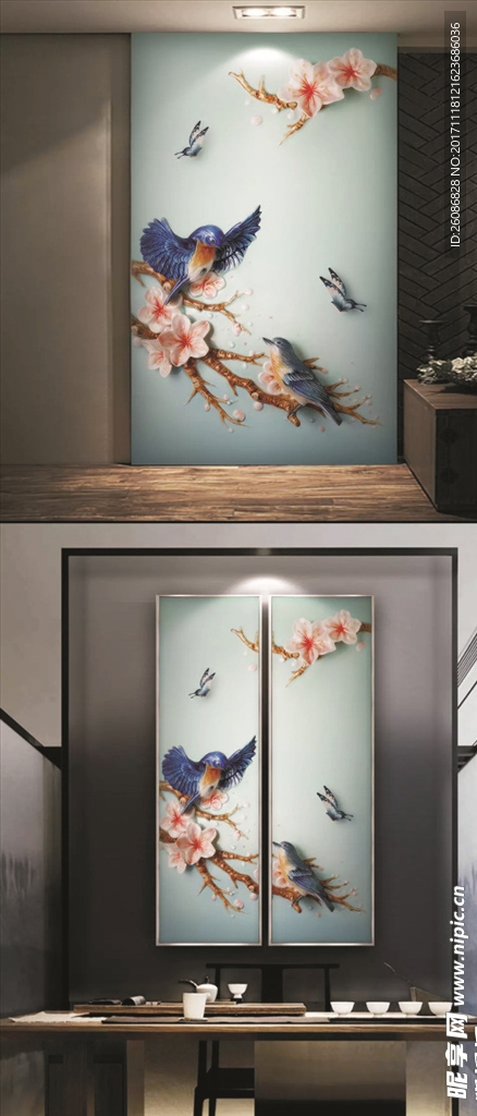 玉兰花鸟立体浮雕艺术玄关