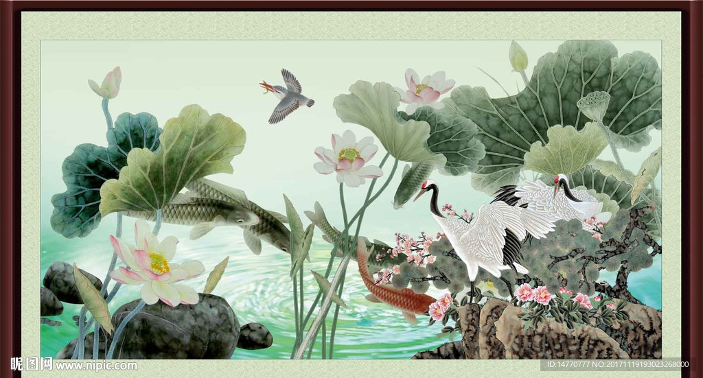 国画荷花仙鹤