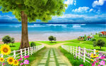 风景画蓝天白云树木花草风景壁画