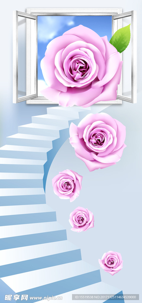 3D时尚楼梯玫瑰花玄关背景墙
