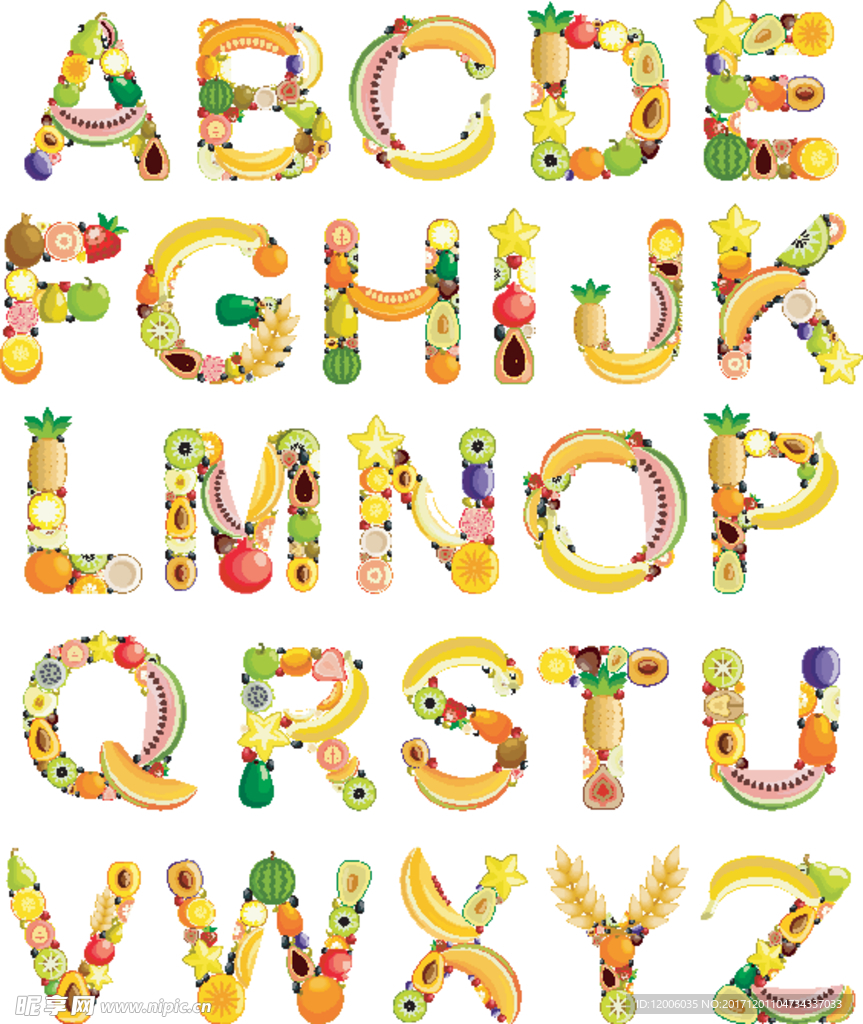 各种水果拼成的英文字母矢量素材