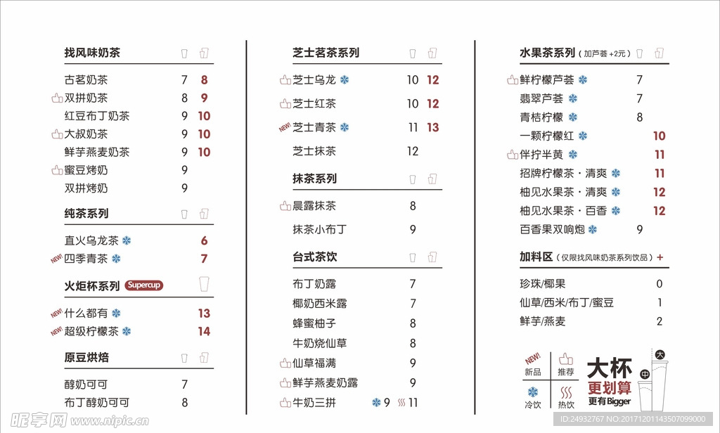 饮料价目表