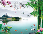 唐韵山水情玉兰竹子背景墙装饰画