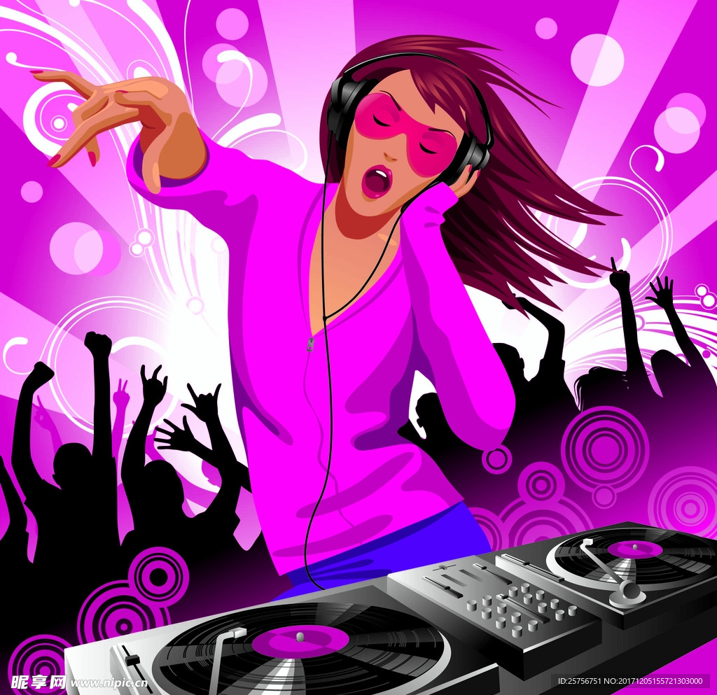 DJ音乐美女矢量素材