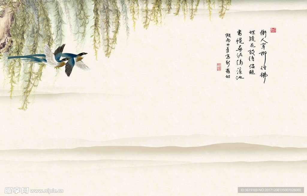 壁画春雨彩雕图