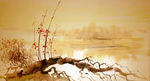水墨柳树池塘风景
