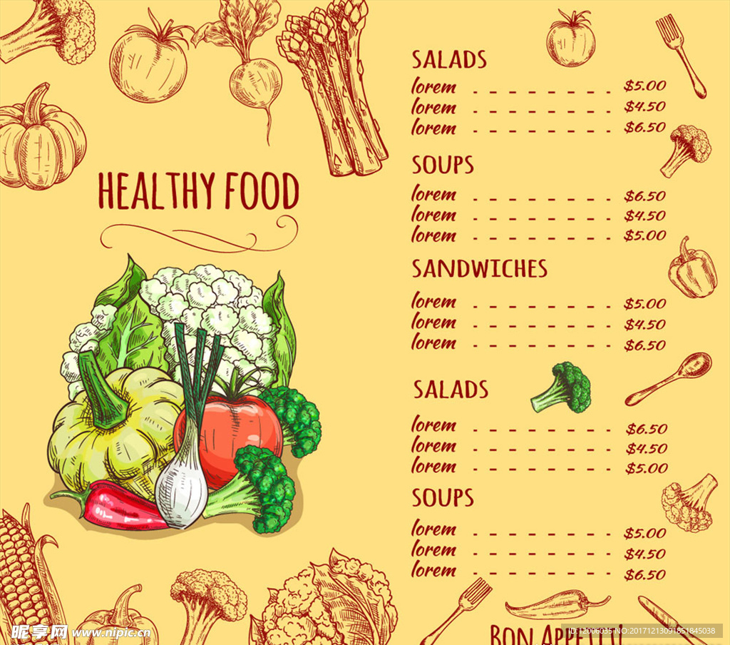 彩绘蔬菜餐馆菜单设计矢量图