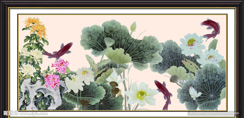 国画荷花鲤鱼图