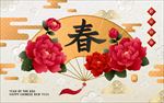 折扇牡丹新年春字喜庆背景