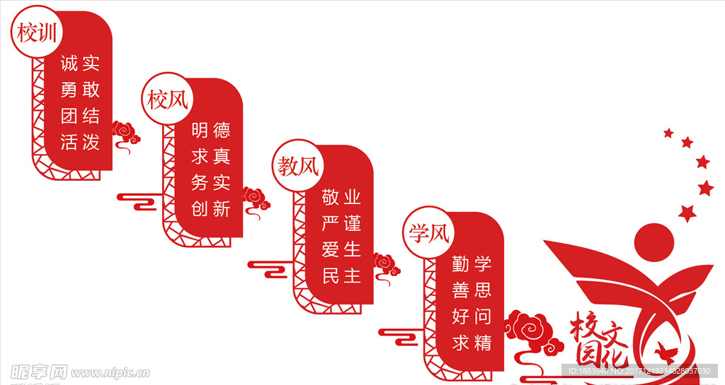 红色古典中国风校园楼梯文化墙展