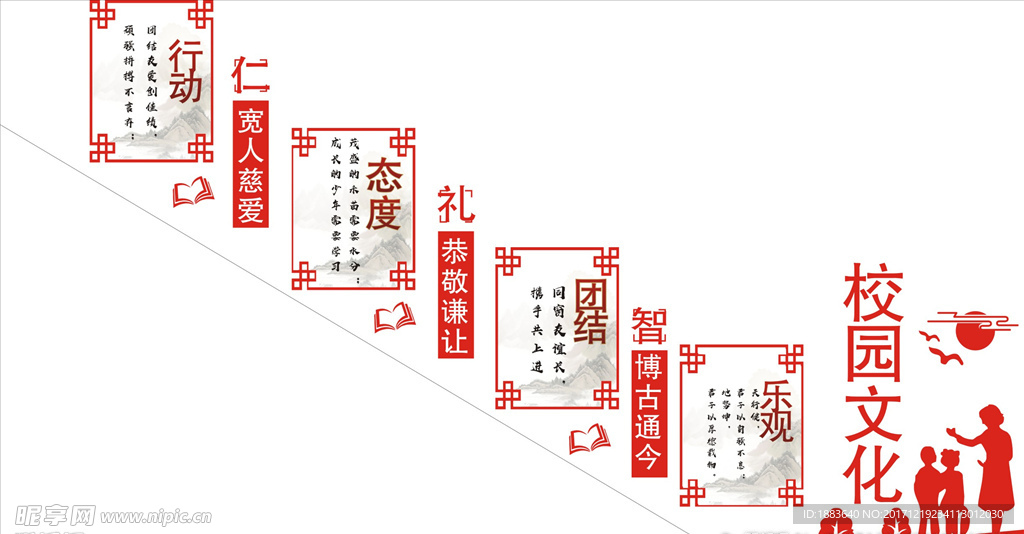 红色中国风校园微粒体楼梯文化墙