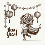 手绘中国传统新年舞狮海报