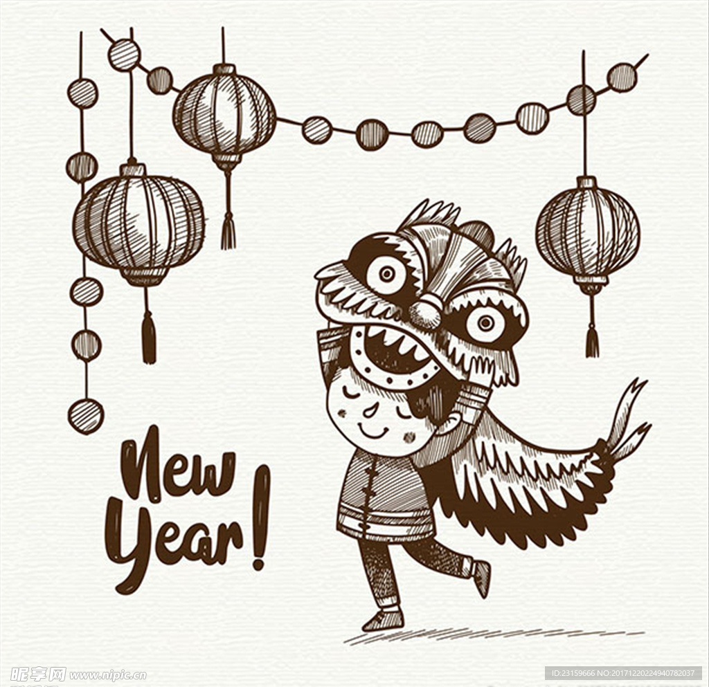 手绘中国传统新年舞狮海报