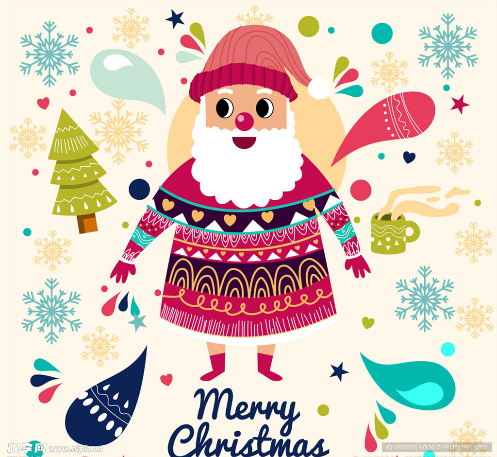 彩绘穿花纹衣的圣诞老人矢量图