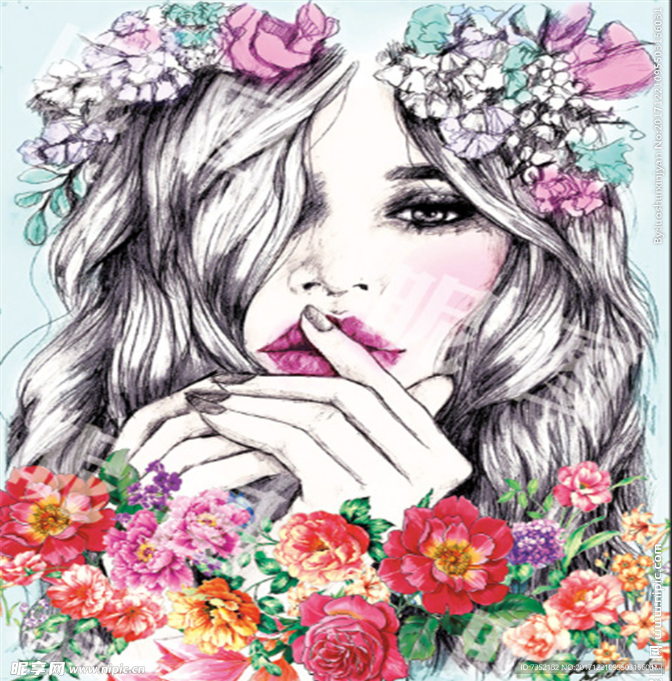 戴花 美女 手绘 水墨