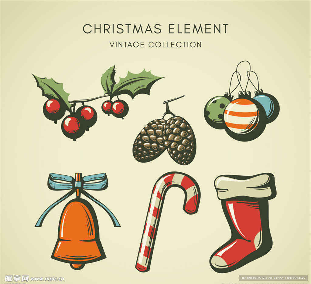 6款复古圣诞节元素矢量素材