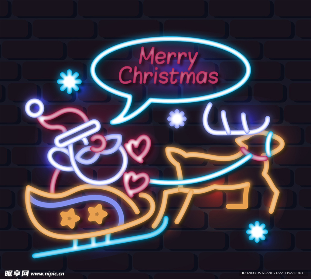 创意圣诞老人雪橇霓虹灯矢量图