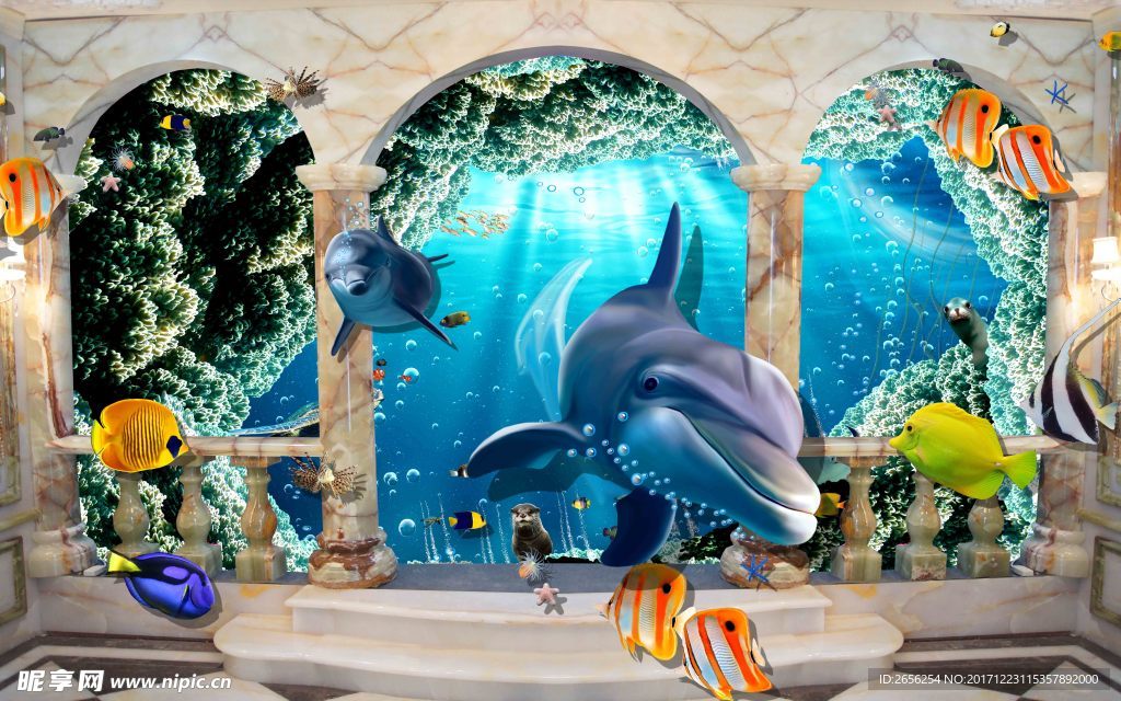 拱门3D海豚背景墙