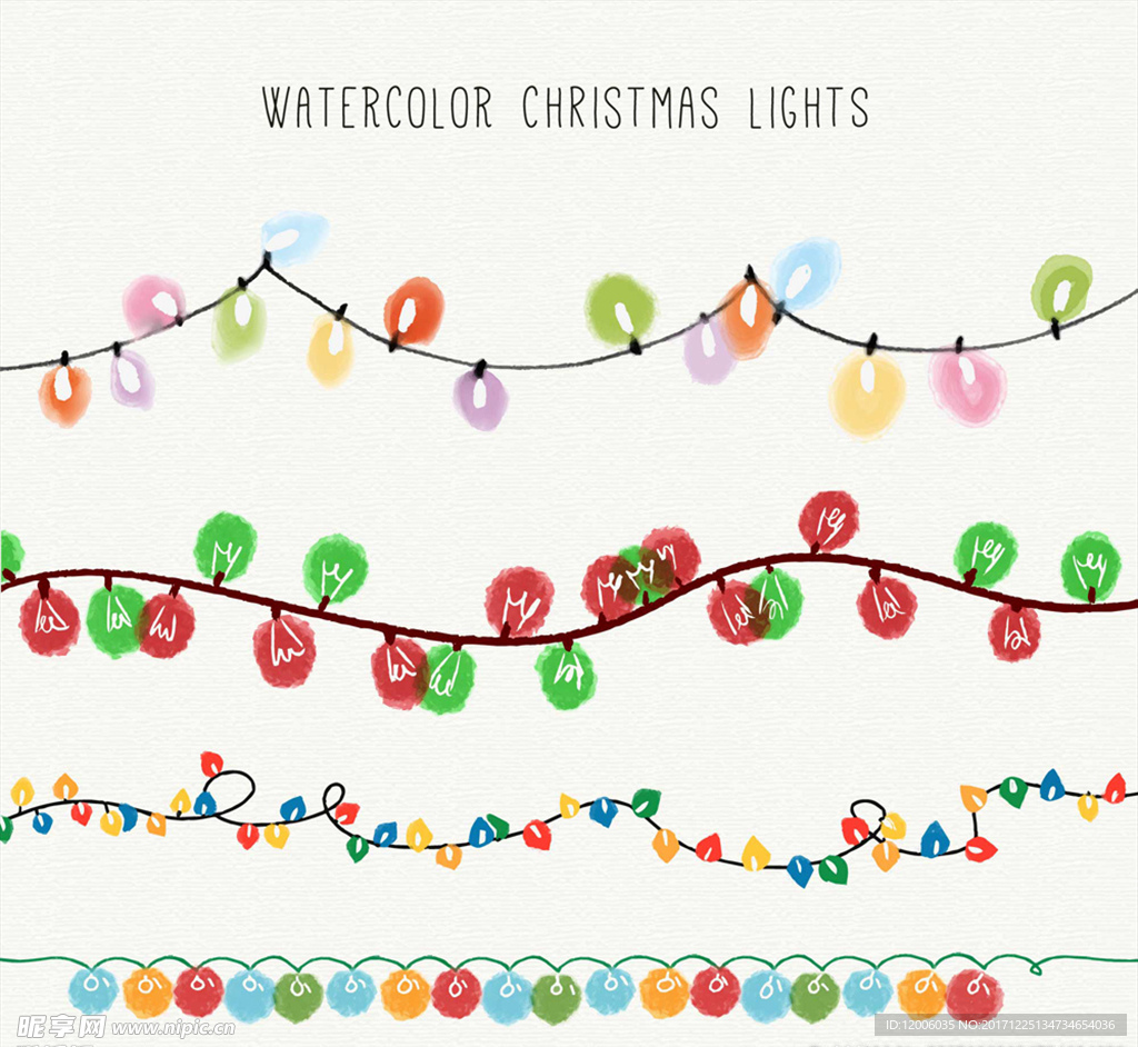 4款水彩绘圣诞彩灯串矢量素材