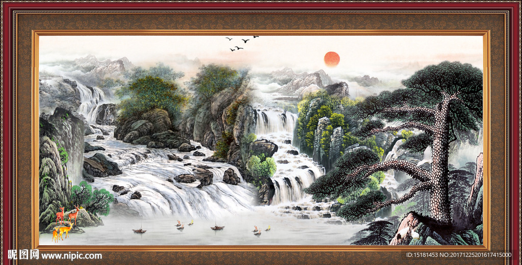 水墨山水迎客松
