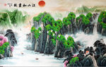 新中式青山绿水瀑布国画装饰背景