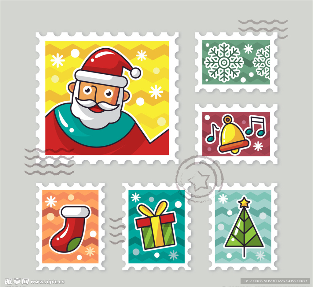 6款创意圣诞节邮票矢量素材