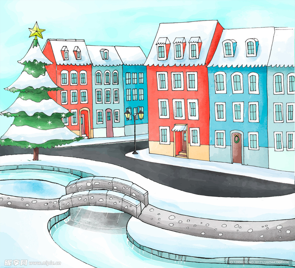彩绘圣诞城市风景矢量素材