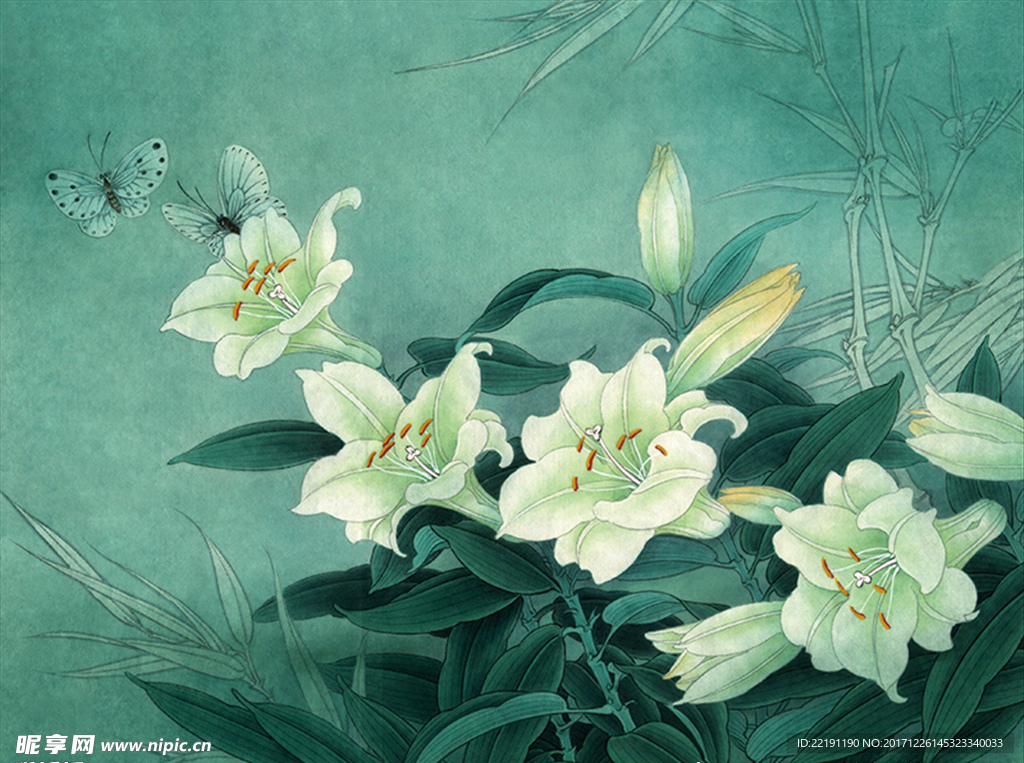 百合花 墨绿 背景图 水墨画