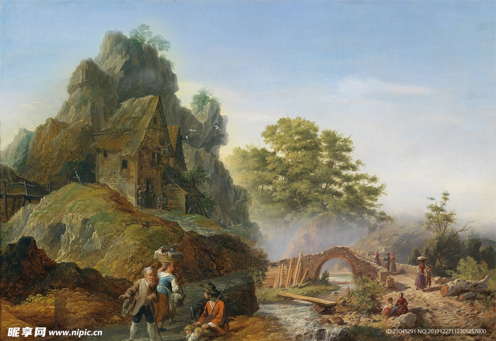 中世纪欧式乡村风景油画