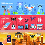 三色手绘无人机城市科技卡通矢量