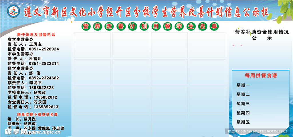 学生营养改善计划信息公示栏