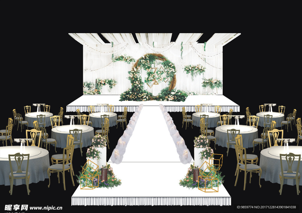 绿白小清新婚礼主舞台布置效果图